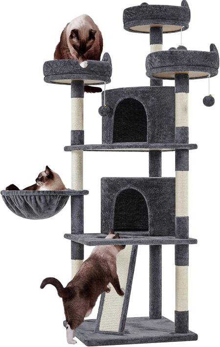 68.5In Multi-Level Large Cat Condo with Sisal-Covered Platforms Scratching Board & Scratching Posts, Cozy Perches, Stable Cat Tower/Tree Pet Play House, Dark Gray