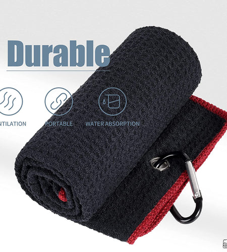 Microfiber Waffle Pattern Tri-Fold Golf Towel | Brush Tool Kit with Club Groove Cleaner, Retractable Extension Cord and Clip
