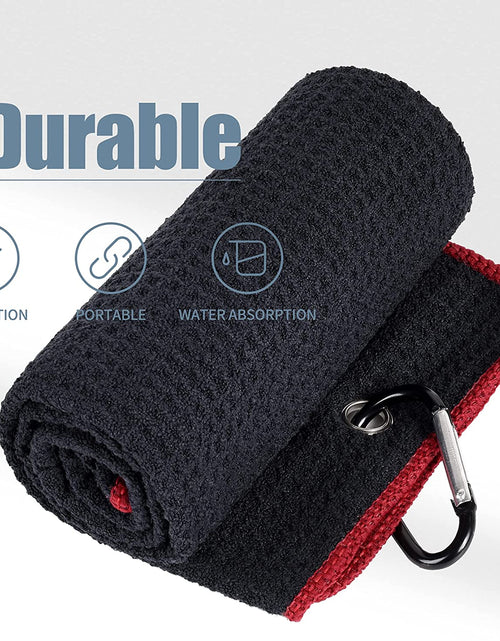 Load image into Gallery viewer, Microfiber Waffle Pattern Tri-Fold Golf Towel | Brush Tool Kit with Club Groove Cleaner, Retractable Extension Cord and Clip
