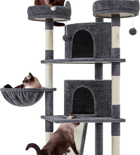 68.5In Multi-Level Large Cat Condo with Sisal-Covered Platforms Scratching Board & Scratching Posts, Cozy Perches, Stable Cat Tower/Tree Pet Play House, Dark Gray