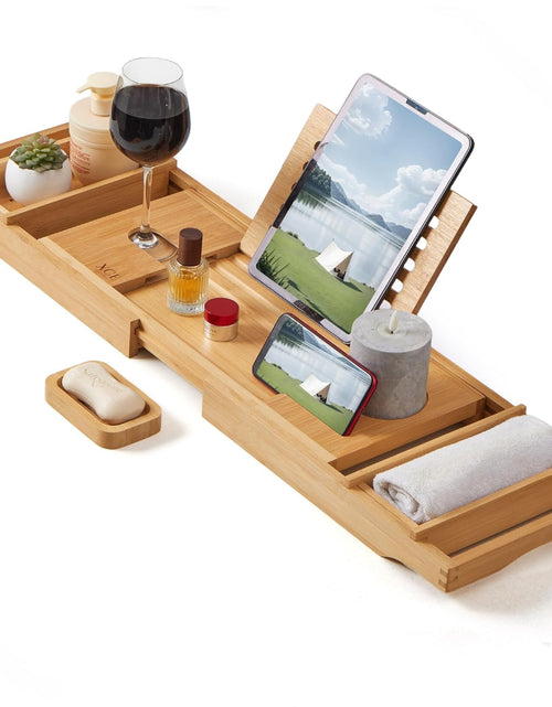 Load image into Gallery viewer, Bamboo Bathtub Caddy Tray - Expandable to 41 Inches with Book Stand, Soap Holder &amp; Anti-Slip Pads for Luxury Bath Spa, Natural

