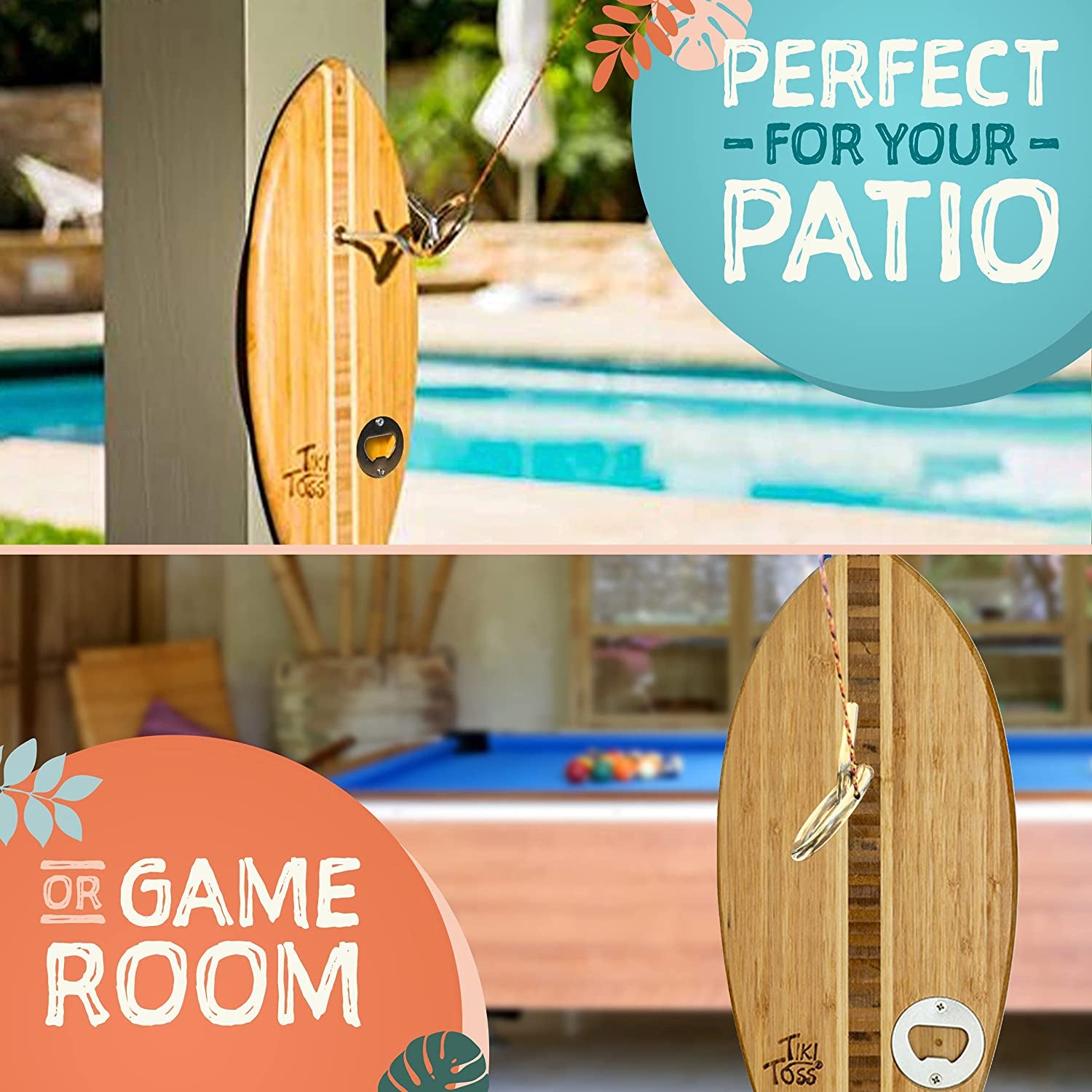 Ring Toss Game for Adults & Kids – 13 Inch Surfboard Edition - Hook and Ring Game with String and Hooks for Outdoor/Indoor Use, Man Cave Decor & Stuff, Gifts for Men