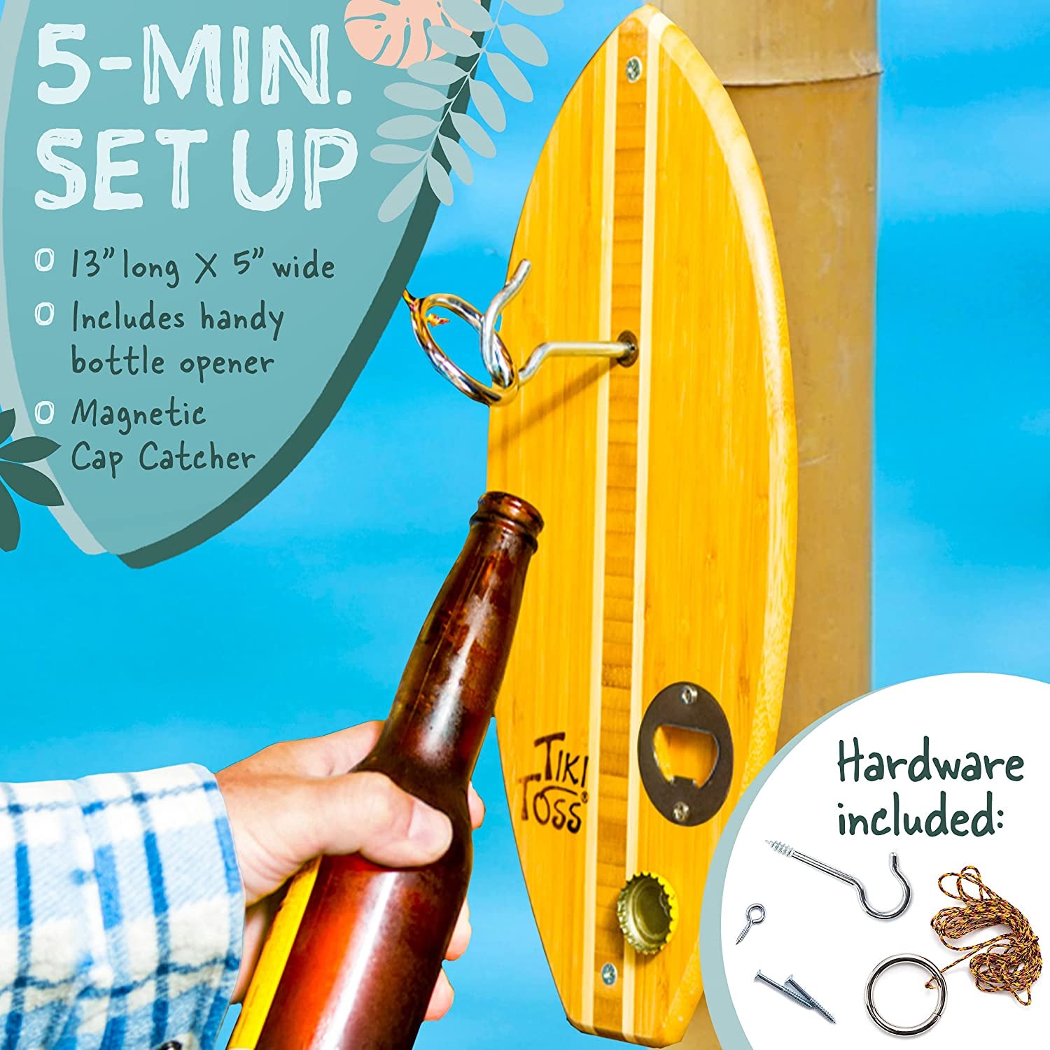 Ring Toss Game for Adults & Kids – 13 Inch Surfboard Edition - Hook and Ring Game with String and Hooks for Outdoor/Indoor Use, Man Cave Decor & Stuff, Gifts for Men