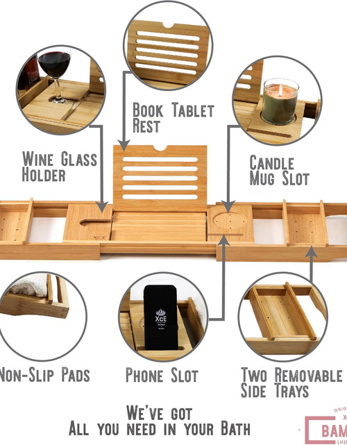 Load image into Gallery viewer, Bamboo Bathtub Caddy Tray - Expandable to 41 Inches with Book Stand, Soap Holder &amp; Anti-Slip Pads for Luxury Bath Spa, Natural
