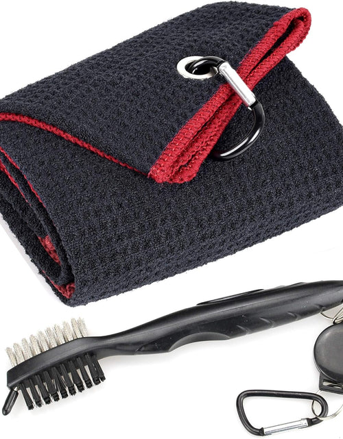 Load image into Gallery viewer, Microfiber Waffle Pattern Tri-Fold Golf Towel | Brush Tool Kit with Club Groove Cleaner, Retractable Extension Cord and Clip
