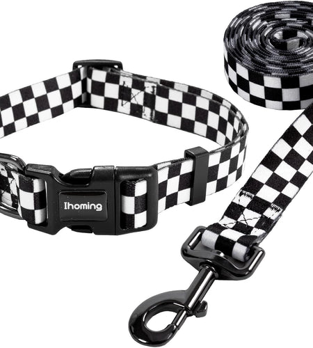 Dog Collar and Leash Set for Daily Outdoor Walking Running Training, Chess Board Design for Large Boys Girls Dogs Cats Pets, L-Up to 80LBS